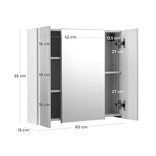 Bathroom Wall Cabinet, Cupboard with Mirror, 3-Door Storage Cabinet, 60 x 15 x 55 cm, with Adjustable Shelf, Modern, White