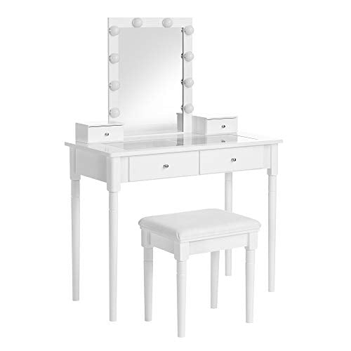 Dressing Table Set, Padded Stool and 10 Dimmable Bulbs, 2 Large and 2 Small Drawers, Transparent Tempered Glass Tabletop, Gift Idea, White