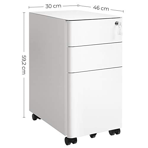 Mobile File Cabinet, Office Cabinet with Wheels and Lock, for A4, Legal, Letter Sized Documents, Hanging File Folders, White