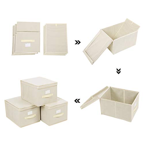 Set of 3 Foldable Storage Boxes with Lids, Fabric Cubes with Label Holders, Storage Bins Organiser, 40 x 30 x 25 cm, Beige