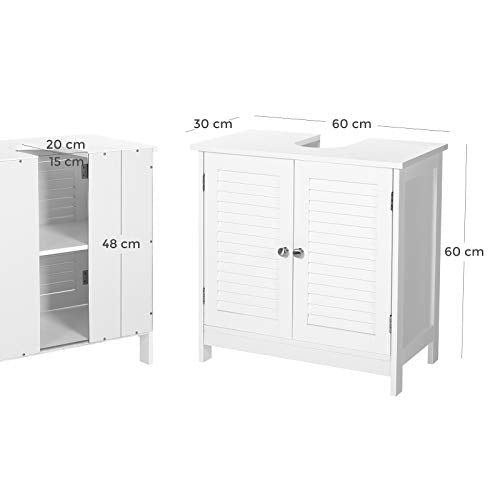 Bathroom Under Sink Cabinet, Floor Cabinet Double Door, 60 x 30 x 60 cm, Storage Unit, Cupboard with 2 Louvered Doors, Adjustable Shelf, Handles, Scandinavian Nordic Style, Matte White