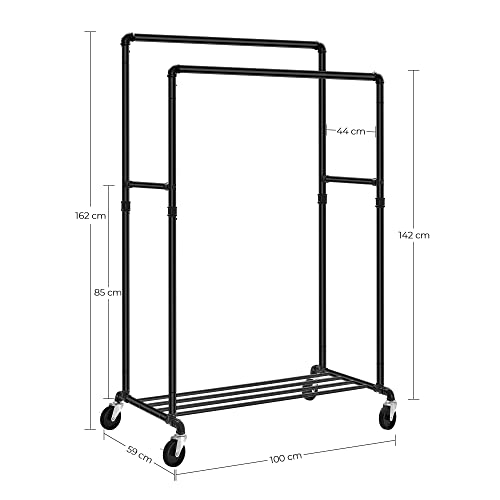 Industrial Pipe Clothes Rack on Wheels, Maximum load of 110 Kg, Double Hanging Rail, Heavy Duty Metal with Shelf, Commercial Grade, Black