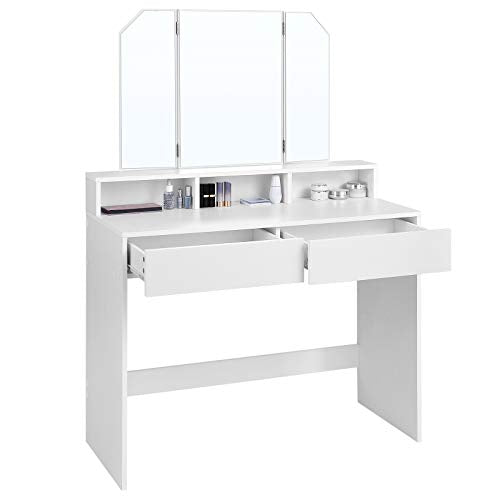 Dressing Table with Tri-Fold Mirror, Makeup Table with 2 Drawers and 3 Open Compartments, Vanity Table, Modern Style, White