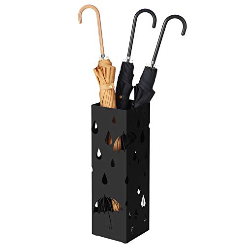 Metal Umbrella Stand, Square Umbrella Holder with Drip Tray and 4 Hooks, 15.5 x 15.5 x 49 cm, Black