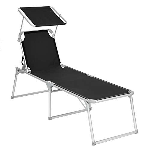 Sun Lounger, Sunbed, Large Reclining Sun Chair, 65 x 200 x 48 cm, Load Capacity 150 kg, with Reclining Backrest, Sunshade, Foldable, for Garden, Balcony, Terrace, Black