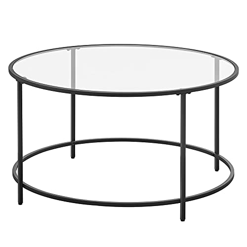 Round Coffee Table, Glass Table with Steel Frame, Living Room Table, Sofa Table, Tempered Glass, Black