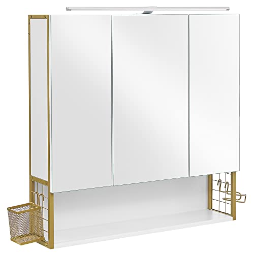 Bathroom Mirror Cabinet with Lighting, Bathroom Cabinet, Wall Cabinet for Bathroom, Height-Adjustable Shelf, Double Door, Modern, White-Gold