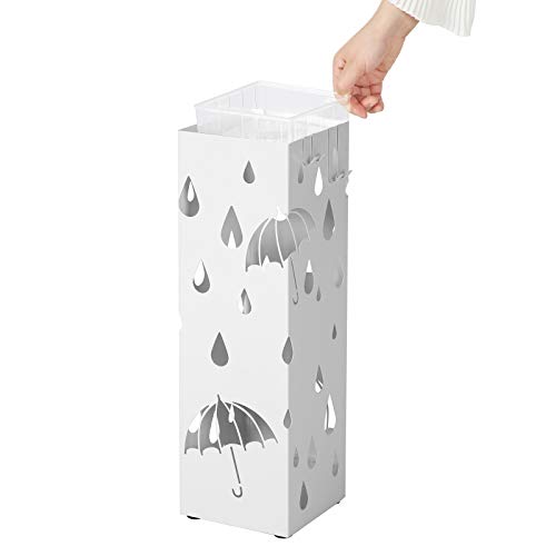 Metal Umbrella Stand, Square Umbrella Holder with Drip Tray and 4 Hooks, 15.5 x 15.5 x 49 cm, White