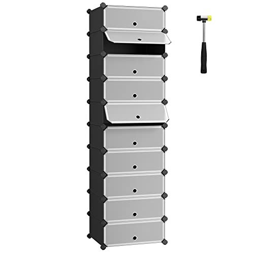 Interlocking Shoe Rack, Rectangular Storage Organiser, 10 Slot Modular DIY Storage Shelf Unit, 40 x 30 x 17 cm for Each Slot, Plastic Wardrobe with Doors, Black