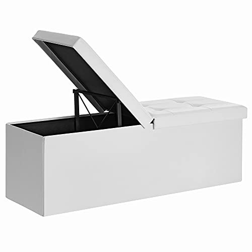 120L Folding Ottoman Bench Storage Box Storage Cube Flipping Lid Shoe Bench Footstool Load Capacity of 300 Kg White 110 x 38 x 38 cm