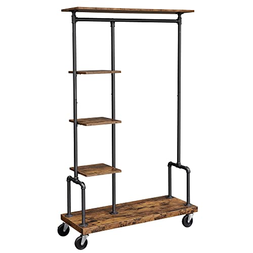 Clothes Rack, Clothing Rack on Wheels, 5-Tier Garment Rack with Metal Pipes, for Bedroom, Store, Laundry Room, Living Room, Rustic Brown and Black