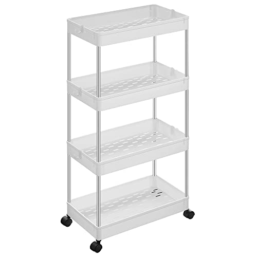 4-Tier Storage Trolley, Rolling Cart with Wheels, Space-Saving Kitchen Trolley in Office Bathroom, 40 x 22 x 86 cm, White