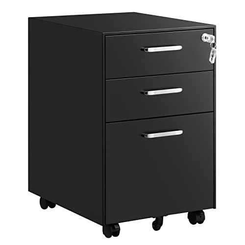 Office Chest of Drawers, Lockable File Cabinet, with 3 Drawers, Castors, for Documents, Stationery and Suspended Folders, for Office and Study, Steel, Black