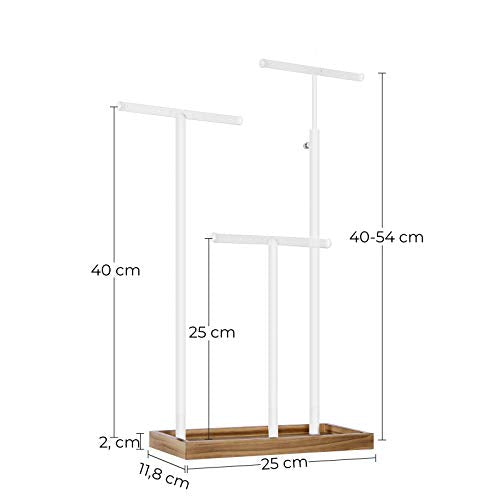 2-in-1 Jewellery Display Stand Holder, Jewellery Rack Tree, 3 T-Shape Metal Bars with Holes, Storage Tray, Adjustable, Long Necklace Bracelet Earring Ring, Rustic Brown and White