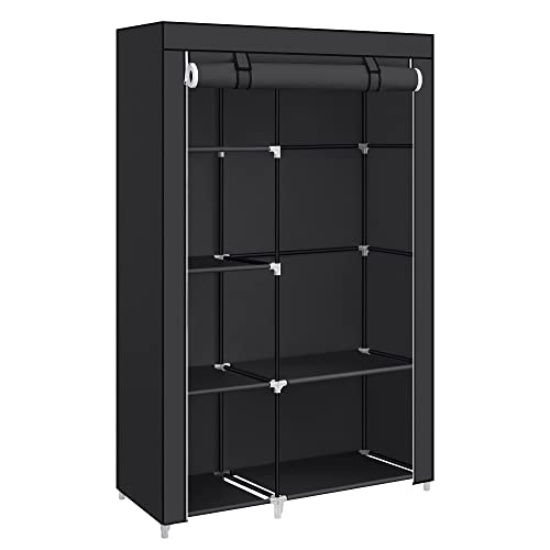 Fabric Wardrobe, Clothes Storage Organiser, 6 Shelves, 1 Hanging Rail, Non-Woven Fabric, Metal Frame, 45 x 105 x 168 cm, for Bedroom, Dressing Room, Black