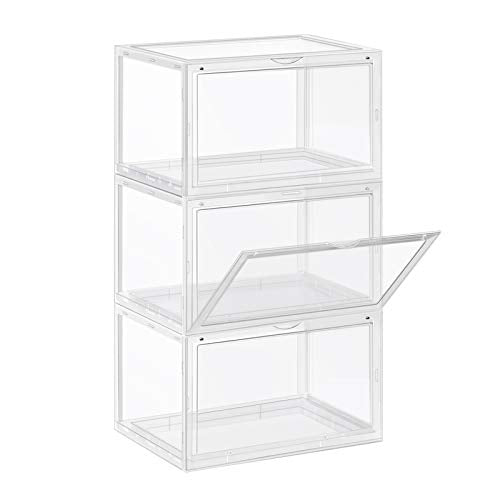 Shoe Boxes, Pack of 3 Stackable Shoe Organisers with Clear Door, Plastic Shoe Storage for UK Size 11, 36 x 28 x 22 cm, Transparent