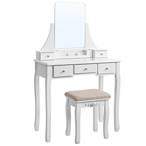 Vanity Set, Dressing Table Set with Large Frameless Mirror for Makeup, 5 Drawers and a Removable Storage Organiser, Cushioned Stool, White