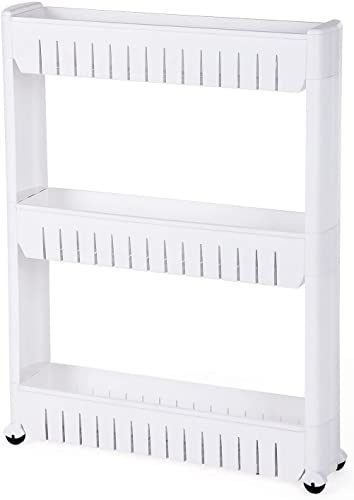 3-tier Slide Out Storage Tower Kitchen Storage Rack Bathroom Shelf with Wheels 72.5cm White