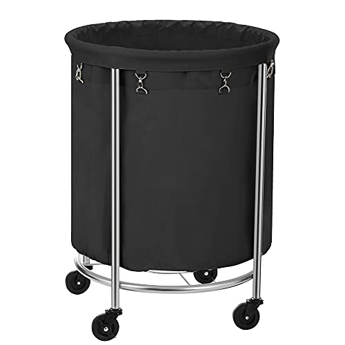 Laundry Sorter, Laundry Basket on Wheels, 170 Litre Round Laundry Bin with Steel Frame, Removable Laundry Bag and 4 Wheels (2 with Brakes), Black/Silver