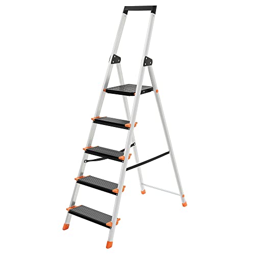 5 Step Ladder, Aluminium, Fold Away with 13 cm Wide Steps, Tool Tray and Anti-Slip Feet, Max. Static Load 150 kg, EN131 Standard, Black and Orange