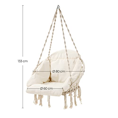 Hanging Swing Chair with Thick Cushion, Holds up to 120 kg, for Garden, Balcony, Living Room, Patio, Scandinavian Style, Modern, Beige