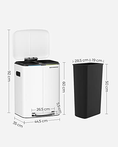 Double Rubbish Bin, 2 x 20 L Kitchen Bin, Dual Compartment Metal Step Bin, with Plastic Inner Buckets, Soft-Close Lids, and Handles, Odour Seal, White