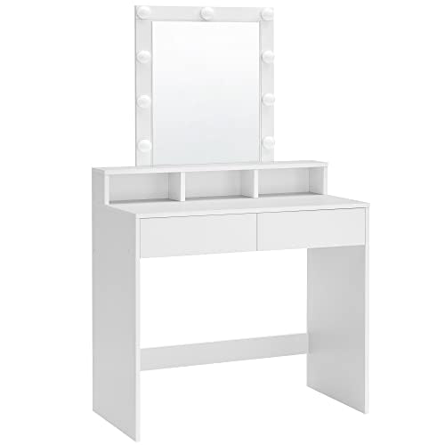 Dressing Table with Mirror and Bulbs, Cosmetic Table with 2 Drawers and 3 Open Compartments, Dressing Table for Makeup, Modern, White