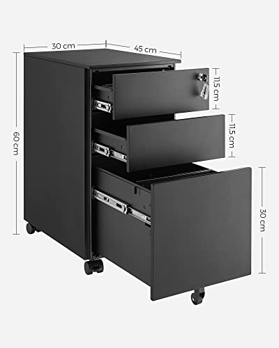 Office Filing Cabinet Mobile Storage Cabinet with Wheels and Lock for Documents and Suspension File with 3 Drawers Black