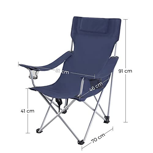 Folding Camping Chair, Outdoor Chair with Armrests, Headrest and Cup Holder, Stable Structure, Max. Capacity 150 kg, Dark Blue