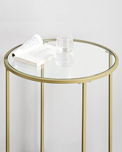 Round Side Table, Tempered Glass End Table With Golden Metal Frame, Small Coffee Table, Bedside Table, Living Room, Balcony, Robust and Stable, Decorative, Gold