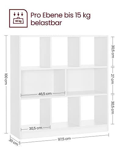 Bookshelf, Wooden Bookcase with Open Cubbies, Free Standing Storage Unit for Living Room, Bedroom, Children’s Room, 97.5 x 30 x 100 cm, White