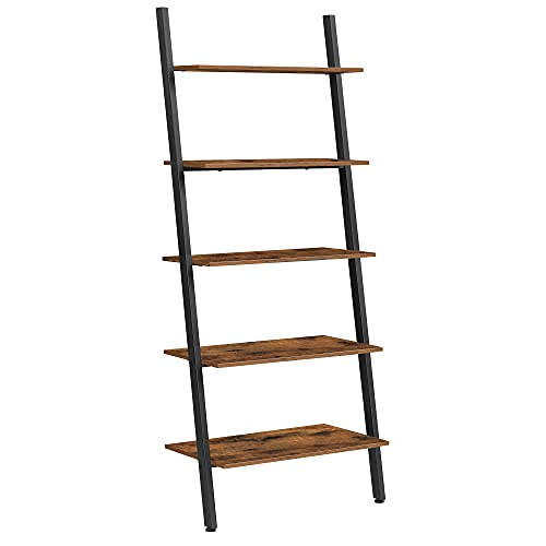 Industrial Ladder Shelf, 5-Tier Bookshelf Rack, Wall Shelf for Living Room, Kitchen, Office, Stable Steel, Leaning Against the Wall, Rustic Brown and Black 