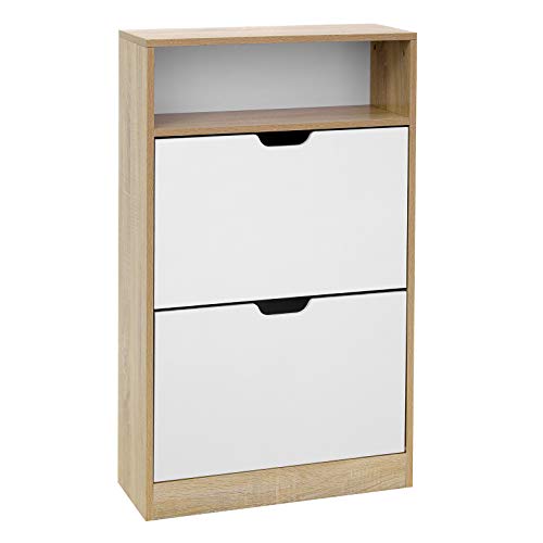 Shoe Cabinet with 2 Flaps, Shoe Rack with an Open Shelf, Melamine Veneer, Easy to Clean, 60 x 24 x 102 cm, White and Natural