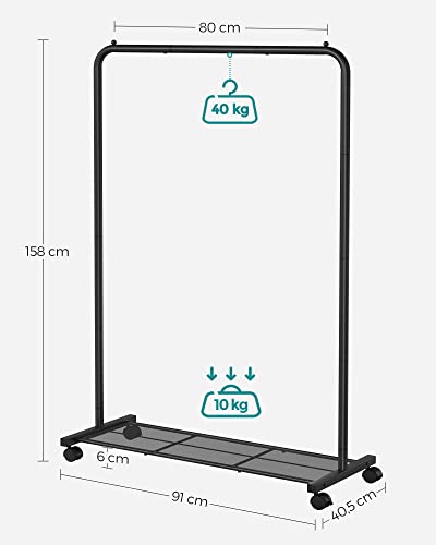 Clothes Rack on Wheels, Single-Rail Metal Garment Rack, with Storage Shelf, Top Rail Holds up to 40 kg, Black