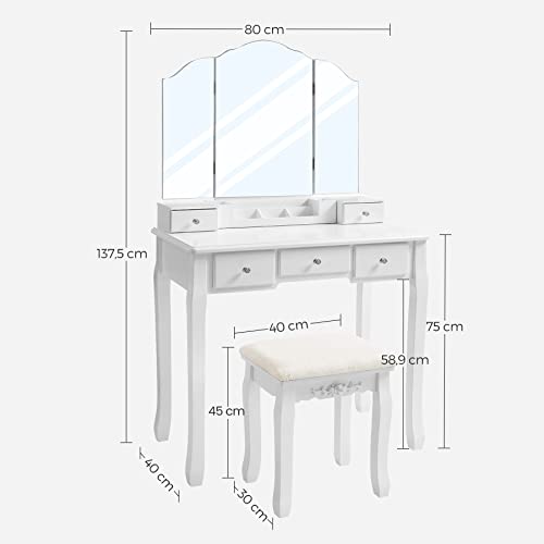 Dressing Table with 5 Drawers, Makeup Desk with 1 Stool, Frameless Tri-Fold Mirror, 1 Removable Cosmetic Storage Box, Vanity Set, Easy to Assemble, White