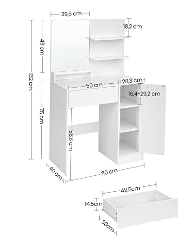 Dressing Table, Makeup Table, Vanity Table with Mirror, 1 Drawer, 2 Shelves, Storage Cabinet, Makeup Organiser, White