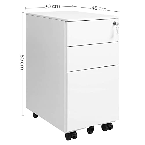 Mobile File Cabinet, Office Cabinet with Wheels and Lock, for A4, Legal, Letter Sized Documents, Hanging File Folders, White