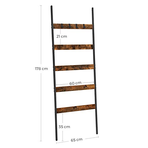 Blanket Ladder, Leaning Ladder Shelf, 5-Tier Towel Rack, 65 cm Wide, Steel Frame, for Blankets, Towels, Scarves, Industrial Style, Rustic Brown and Black