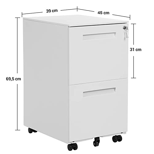 Mobile File Cabinet, with 2 Drawers, Lock, for Office Documents, Suspended Folders, Pre-Assembled, 39 x 45 x 69.5 cm (L x W x H), White