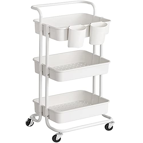 3 Tier Serving Trolley Kitchen Trolley with Handle, 2 Small Hanging Compartments, 2 Brakes, Plastic Storage Compartments, Easy Assembly, Bedroom, Laundry Room, White