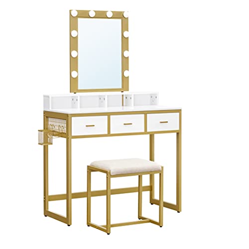 Dressing Table with Stool Vanity Table 10 LED Bulbs Mirror Adjustable Brightness Modern Bedroom Dressing Room White Gold