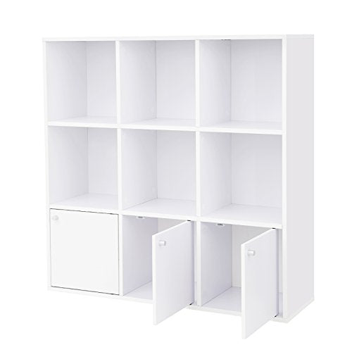 Wooden Storage Bookcase, Freestanding Display Shelf, DVD Rack Bookshelf, with 3 Bottom Cabinets, White