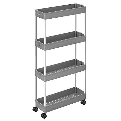 4-Tier Slide Out Storage Trolley, Rolling Cart on Wheels, Space-Saving Narrow Kitchen Bathroom Trolley, 40 x 12.5 x 86 cm, Grey