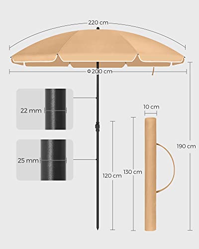 2 m Parasol, Beach Umbrella, UPF 50+, Sun Protection, Portable Octagonal Polyester Canopy, Fibreglass Ribs, Tilt Mechanism, Carry Bag, for Beach Garden Balcony Pool, Taupe