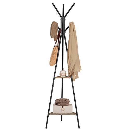 Rack Stand, Coat Tree, Hall Tree Free Standing, Industrial Style, with 2 Shelves, for Clothes, Hat, Bag, Greige and Black