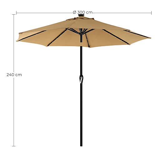 3 m Garden Parasol Umbrella with Solar-Powered LED Lights, Sunshade with UPF 50+ Protection, Tilting, Crank Handle for Opening Closing, Base Not Included, Taupe