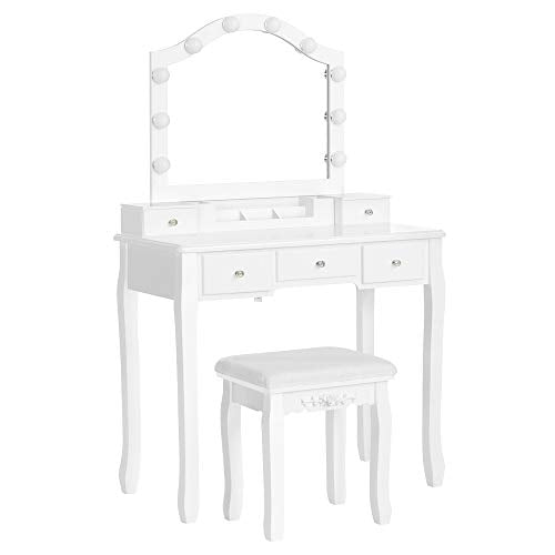 Dressing Table Set, Dressing Table, Padded Stool, 10 Bulbs, Removable Storage Box with 6 Compartments, 5 Drawers, 1 Drawer Divider, Gift Idea, for Bedroom, White