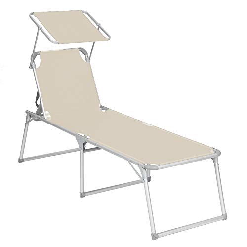 Sun Lounger, Sunbed, Large Reclining Sun Chair, 65 x 200 x 48 cm, Load Capacity 150 kg, with Reclining Backrest, Sunshade, Foldable, for Garden, Balcony, Terrace, Beige