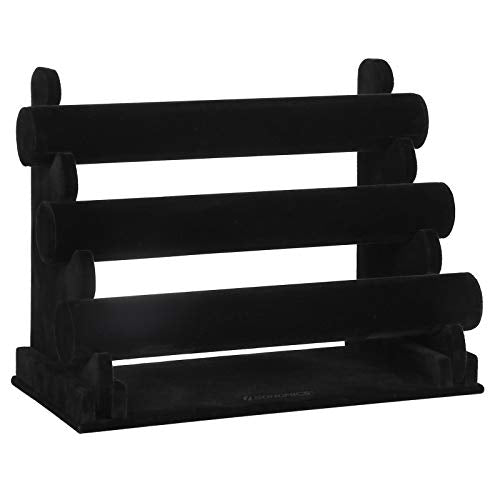 3-Bar Velvet Bracelet Holder for Watch, Necklace, Jewelry Display Rack and Tangle Organizer Stand Black