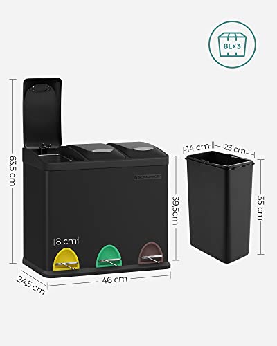 Recycling Bin, 3-in-1 Pedal Bin, 24-Litre Metal Rubbish Bin, Waste Separation System Dustbin for Kitchen, Easy to Clean, Steel, Black